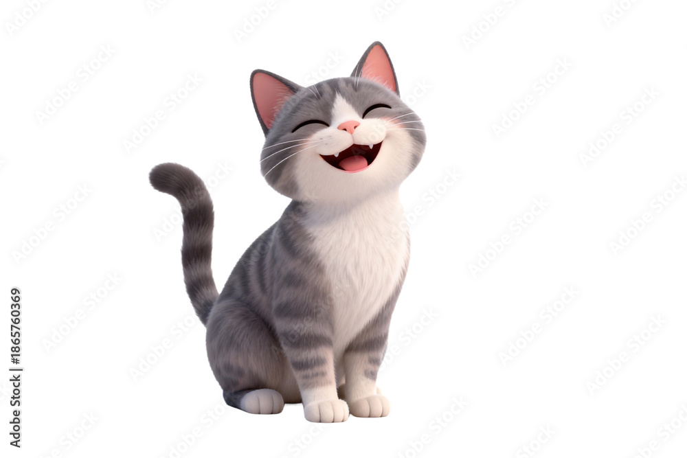 Fototapeta premium Happy Cartoon Cat with Gray and White Fur