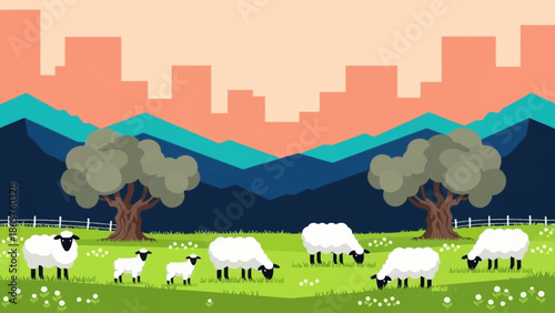 Serene landscape with sheep grazing in a field.