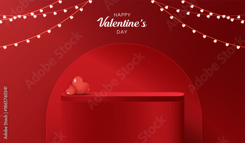 Red podium display background products for valentine’s day in love platform. stand to show cosmetic with craft style. symbols of love for happy. vector design