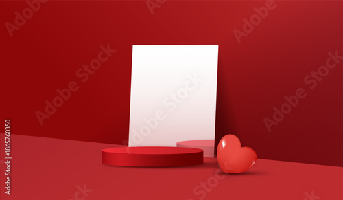 Red podium display background products for valentine’s day in love platform. stand to show cosmetic with craft style. symbols of love for happy. vector design