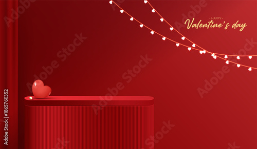Red podium display background products for valentine’s day in love platform. stand to show cosmetic with craft style. symbols of love for happy. vector design
