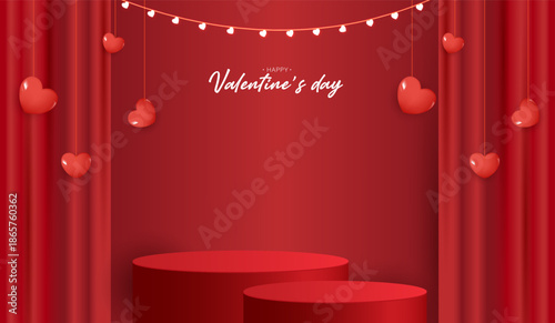 Red podium display background products for valentine’s day in love platform. stand to show cosmetic with craft style. symbols of love for happy. vector design