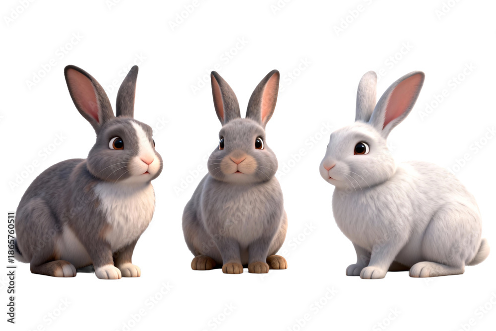 Fototapeta premium Three cute 3D-rendered rabbits sitting together