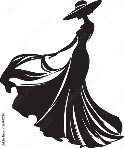 Retro fashion vector illustration of a beautiful lady in a black gown silhouette featuring a stylish hair sketch for a party or wedding