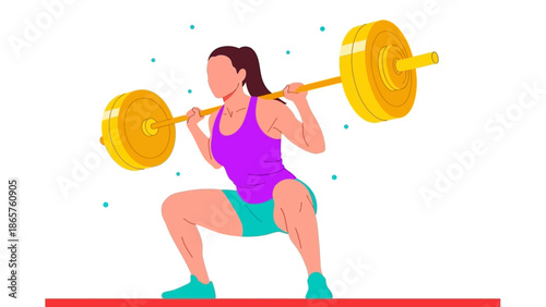 Woman Performing Squat Exercise with Barbell Weights.