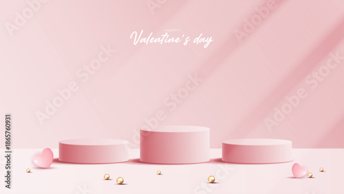 Pink podium display background products for valentine’s day in love platform. stand to show cosmetic with craft style. symbols of love for happy. vector design.