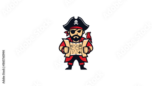 Cartoon pirate character with a treasure map and a parrot.