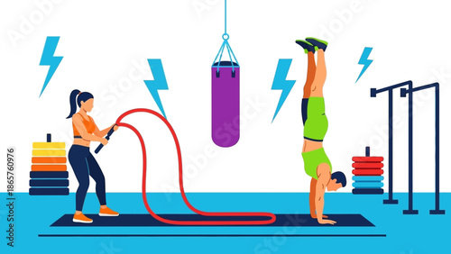 Fitness enthusiasts exercising with battle ropes and handstand in a gym.