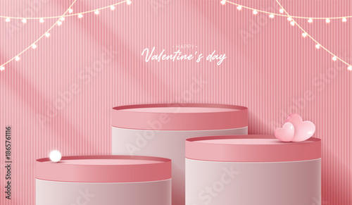 Pink podium display background products for valentine’s day in love platform. stand to show cosmetic with craft style. symbols of love for happy. vector design.