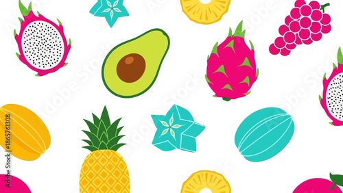 Colorful illustration of various tropical fruits and decorative elements.