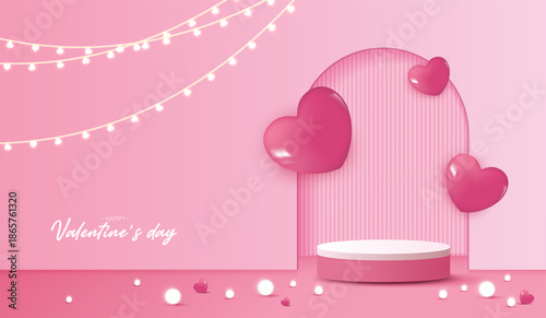 Pink podium display background products for valentine’s day in love platform. stand to show cosmetic with craft style. symbols of love for happy. vector design.