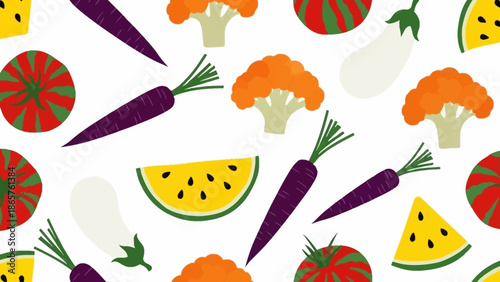 Colorful cartoon vegetables and fruits pattern on white background.