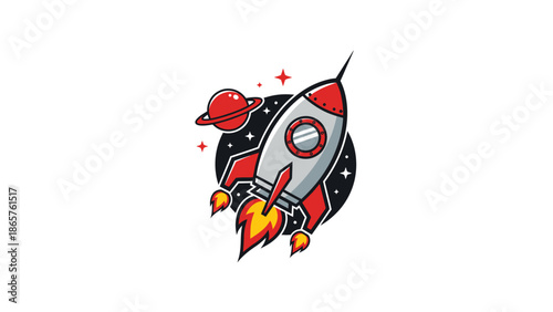 Cartoon rocket flying through space with a planet and stars.