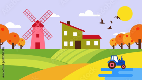 Rural landscape with farmhouse and windmill in autumn.