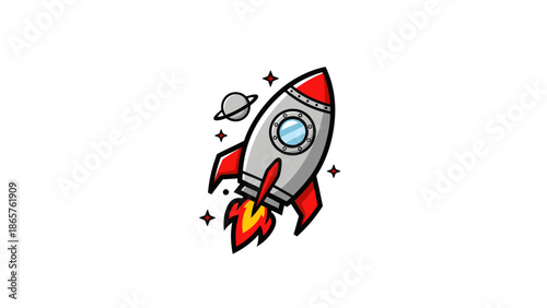 Cartoon Rocket Launching into Space with Planet and Stars.