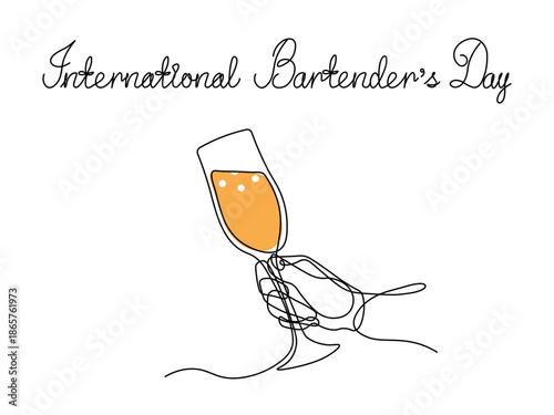 International Bartender's Day. Greeting card. Abstract hand with glass of champagne, continuous single one line art hand drawing sketch logo on white background