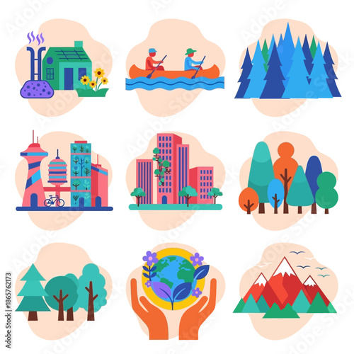 Colorful icons representing various aspects of the environment and human activities.