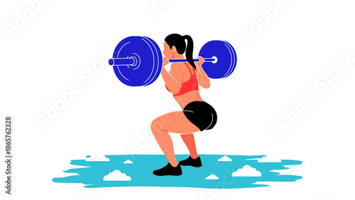 Woman exercising with barbell weights in a dynamic pose.