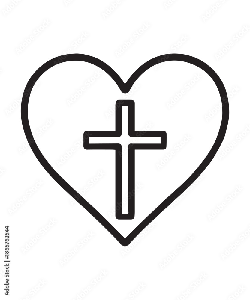 Fototapeta premium Christian cross icon in heart shape. Abstract religious symbol. Vector illustration