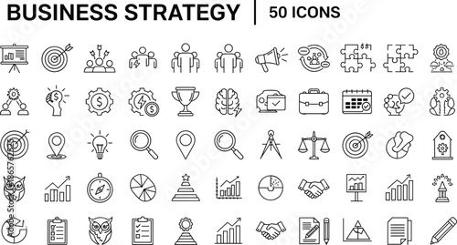 Business strategy icons, planning marketing analytics, management symbols, line vector set collection
