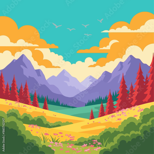 Vibrant landscape with mountains and trees under a bright blue sky.