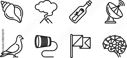 black and white line icons of various objects on transparent background