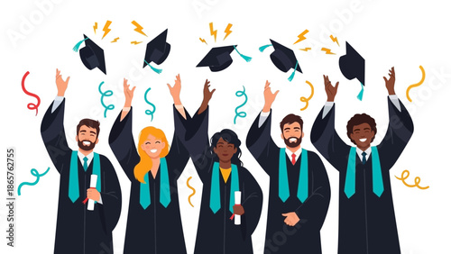 Diverse group of graduates celebrating with caps and gowns.