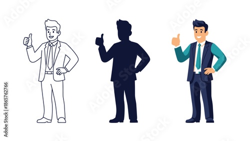 Businessman giving a thumbs up sign in three styles outline, silhouette and full color illustration