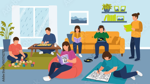 Family members engaging in various leisure activities together at home.