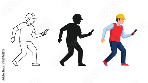 Construction worker or engineer walking and checking smartphone or mobile device in three styles outline, silhouette and full color illustration