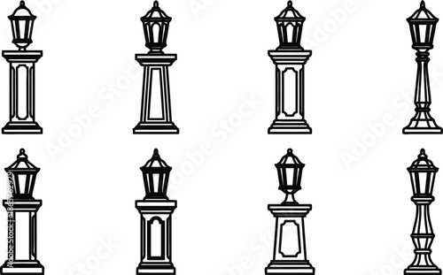 blackandwhite illustrations of various street lamps on white background