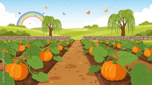 Vibrant pumpkin patch landscape with rainbow and butterflies.