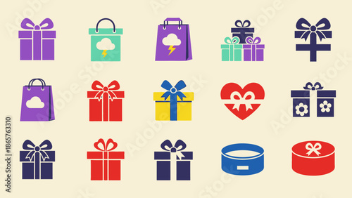 Collection of colorful gift boxes and shopping bags icons.