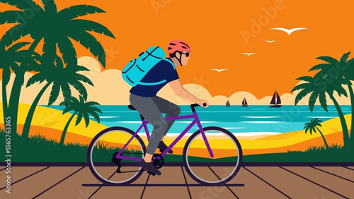 Man Riding Bicycle on Beachside Promenade at Sunset.