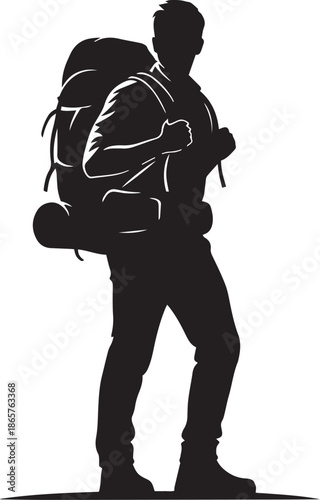 Traveler Backpacker Silhouette - Hiker with Rucksack Outdoor Adventure Vector Illustration