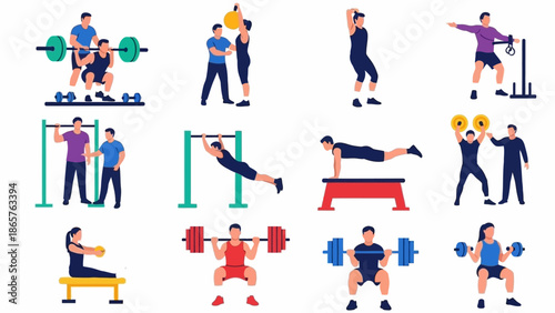 Various people exercising with different equipment and workout routines.
