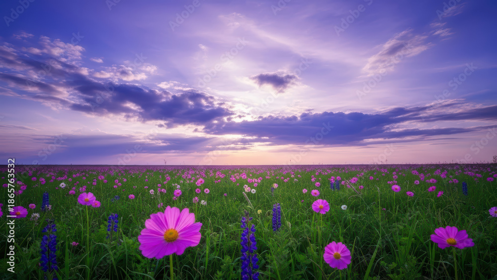 Obraz premium A serene landscape of a partly cloudy sky with the sun shining over a vibrant field of flowers.