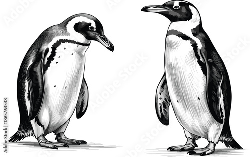 Pair of African penguins standing in vintage hand drawn engraving style for wildlife and nature conservation vector