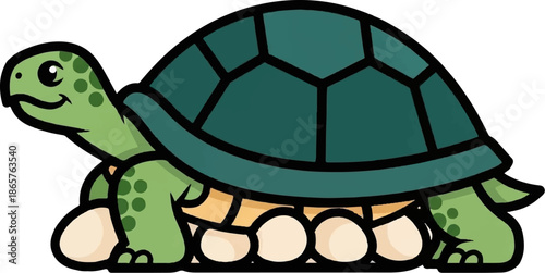 A cartoon turtle with a dark green shell and light green body rests on eggs
