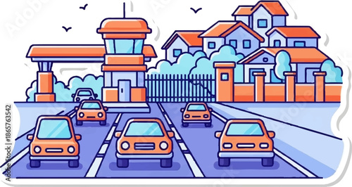 Orange cars line a road leading to a checkpoint with houses and fences in the background