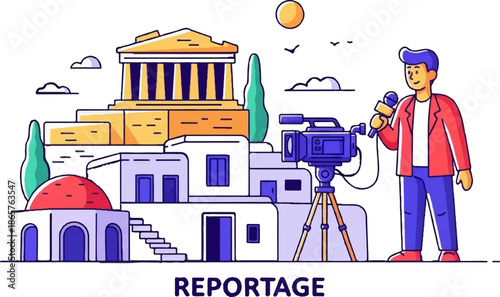 Cartoon depicts a reporter interviewing with a video camera at a historical site
