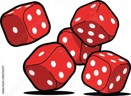 A cluster of five red dice with white dots against a white background