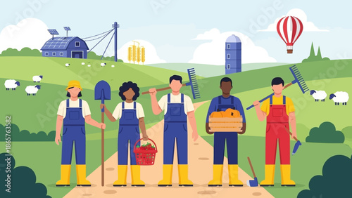 Diverse group of farmers standing together in a rural landscape.