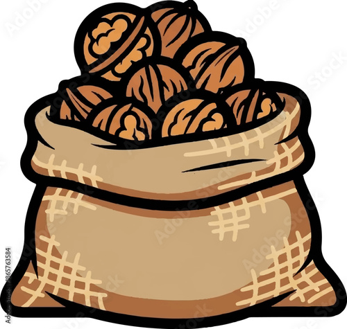 A burlap sack overflowing with whole walnuts, rendered in a cartoonish style