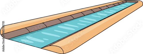 Stylized illustration of a narrow, elongated pool or canal with light blue water and orange, rounded banks