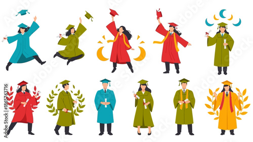 Graduation ceremony illustrations of students in academic robes celebrating.