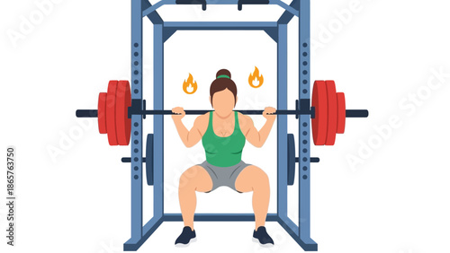 Woman exercising with heavy weights in a squat rack.