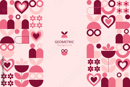 Geometric Valentine background with hearts, flowers, and abstract shapes in soft pink and red tones, leaving clean space for text, perfect for banners and romantic designs