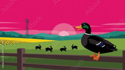 Duck and ducklings walking along a wooden fence in a serene landscape.