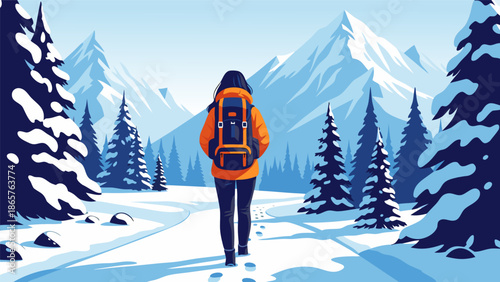 Winter mountain vector illustration person hiking through snowy forest landscape on a beautiful day